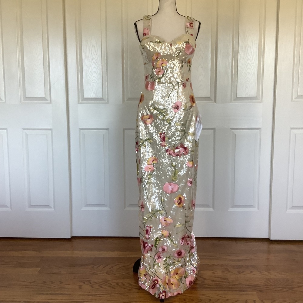 Dress The Population Reese Champagne Sequin Floral Maxi Gown Size S NWT